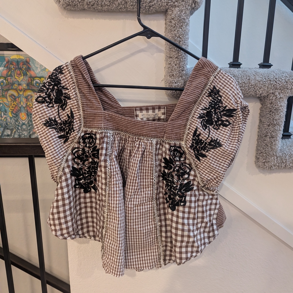 We The Free Brown Gingham Top with Black Embroidery
